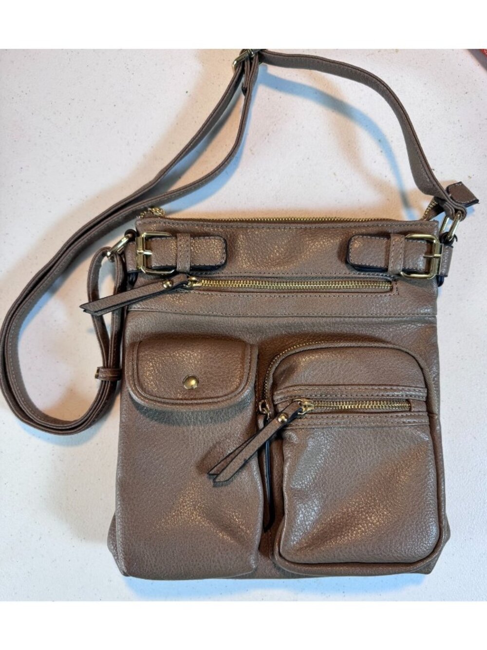 Multi Pocket Faux Leather Crossbody Purse Brown Taupe Adjustable Strap - Picture 1 of 10